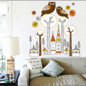 Two Owls on The Trees and Buildings Wall Sticker